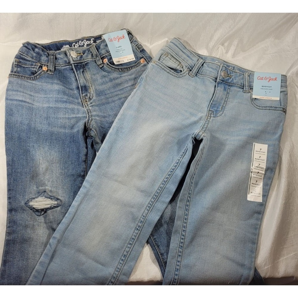 2 Pairs Girl's Cat & Jack Adjustable Waist Stretch Flare & Bootcut Jeans - Sz 7